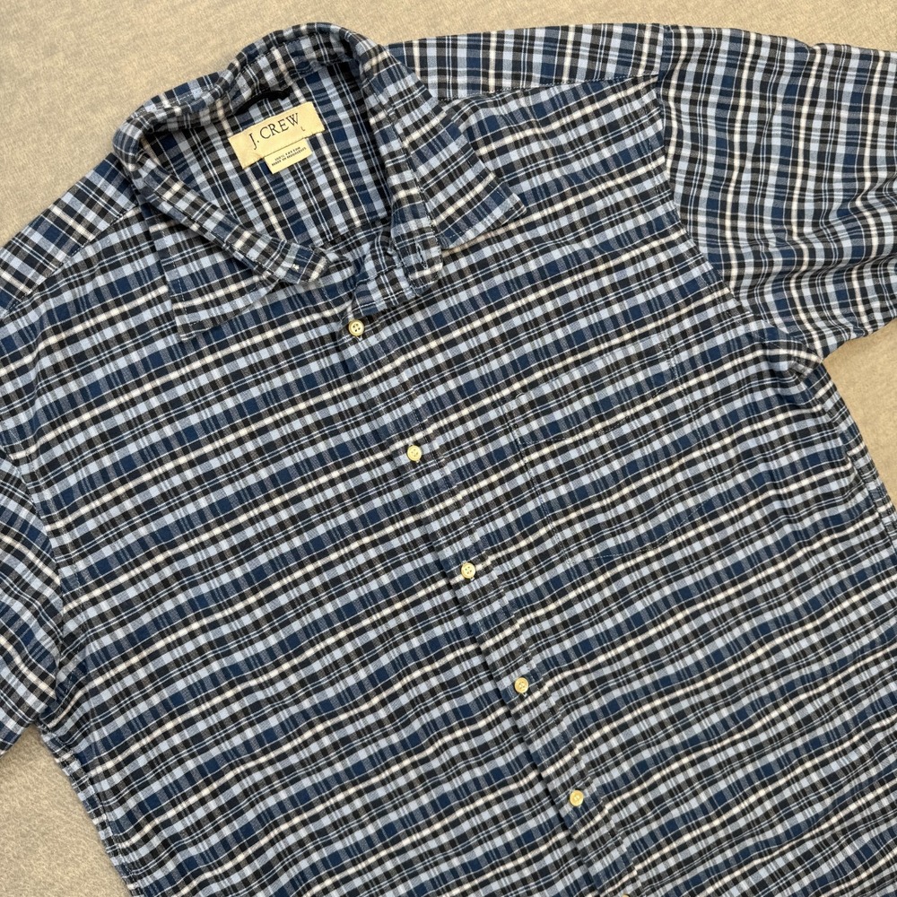 Y2K J Crew Shirt Mens Large Blue Plaid Oxford Button Up Short Sleeve Relaxed Fit